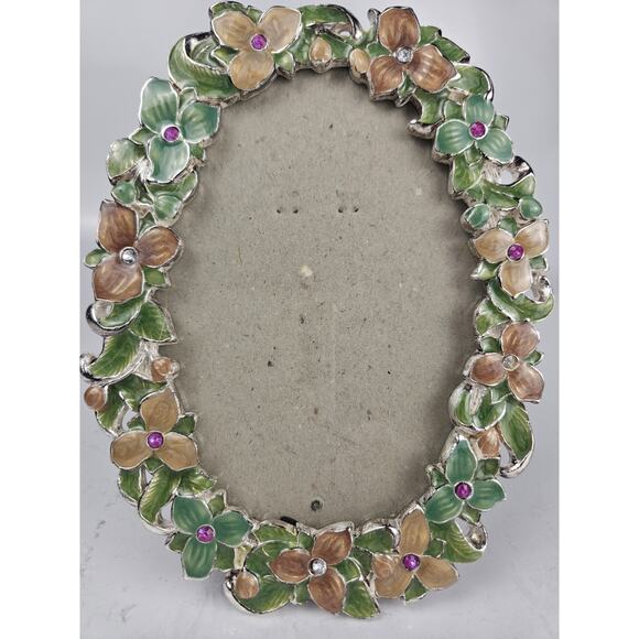 Enamel Peach & Green w/ Rhinestone Oval Photo Picture Frame 7"‎ - Picture 2 of 6